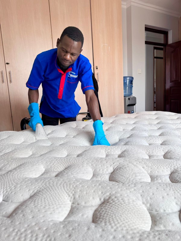 Technician performing post-bedbug mattress cleaning using eco-friendly products to remove residues, sanitize, and restore mattress freshness.